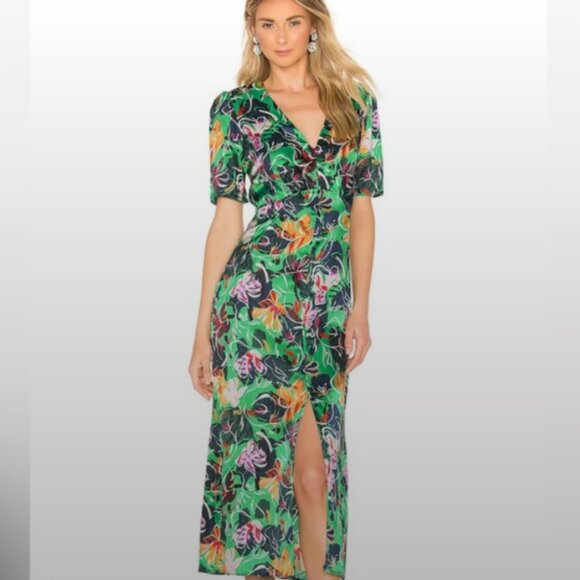 Saloni Eden Green Floral Silk Midi Dress - Picture 3 of 10